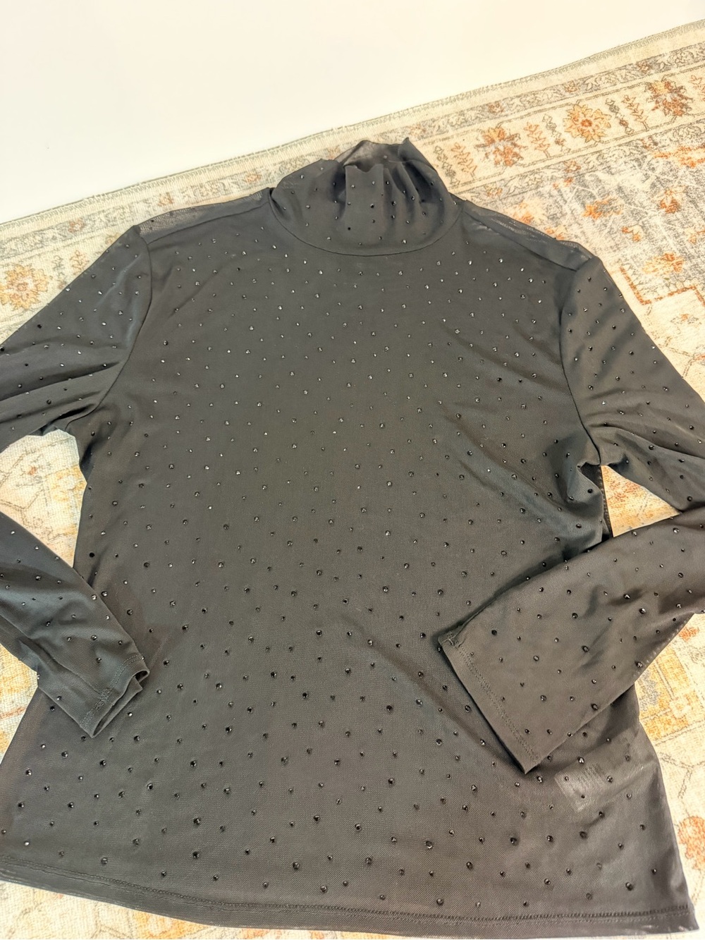 Rachel Zoe Black Sheer Mesh Rhinestone Mock Neck Top